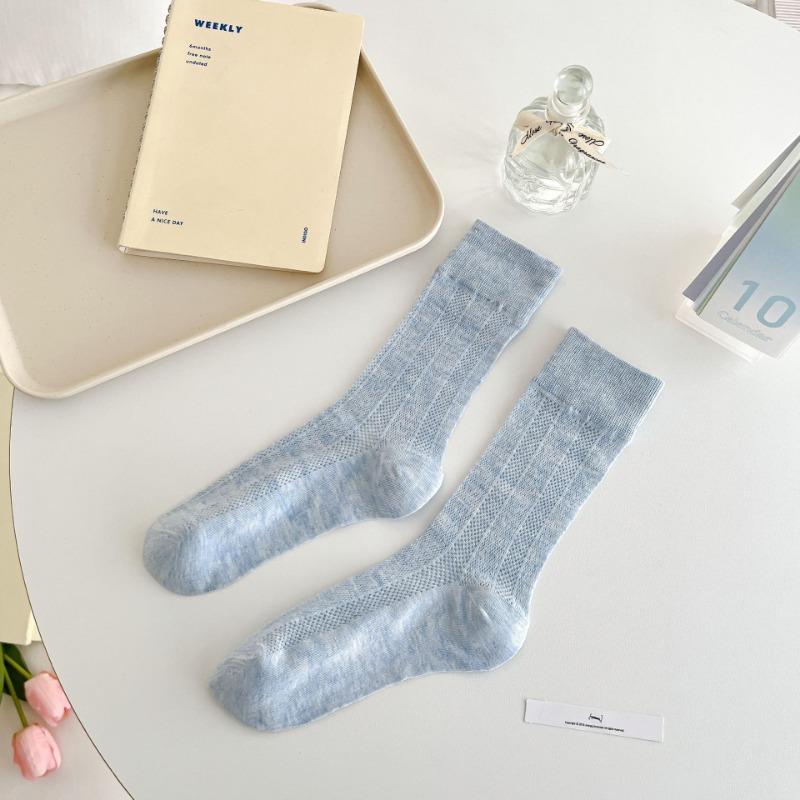 Female Summer Thin Pure Color Hollow Mesh Breathable In The Tube Pile Pile Cotton Socks