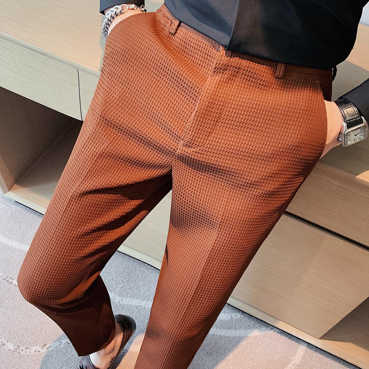 

Men s Waffle Slim Fit No-Iron Elastic Waist Trousers - Spring/Autumn Business Casual 34 кавовий