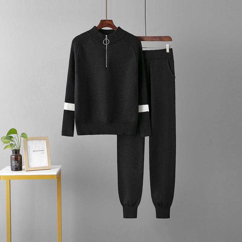 Women Casual Knitted 2 Piece Sets Korean O-neck Knitwears Zipper Sweater Pullover Tops Conjuntos High Waist Sweatpants Outfit