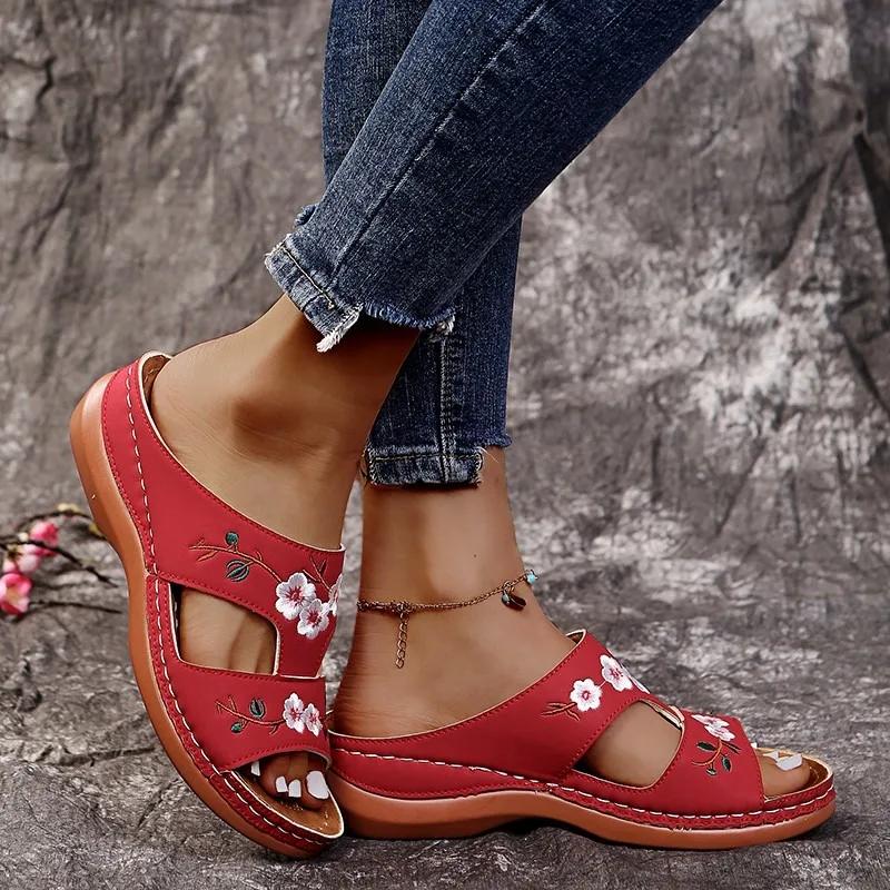 Fashion Women's Wedge Slippers Summer New Round Head Open Toe Embroidery Sewing Car Casual Comfortable Soft Sole Non-slip Slippers