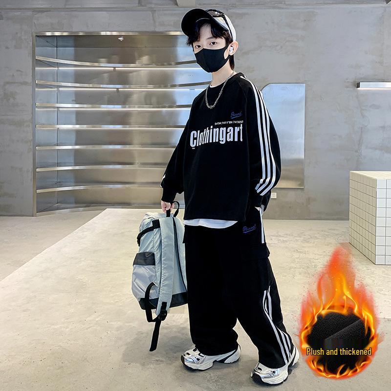 

Стильный комплект одежды для мальчиков 2025 года с флисовой подкладкой: Спортивный свитшот Весна/Осень для больших детей 130cm