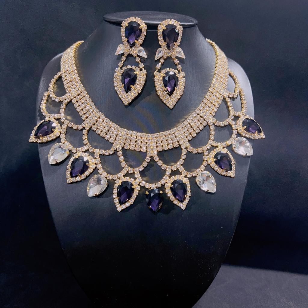 New Fashionable European and American Exaggerated Handmade Rhinestone Colored Crystal Necklace Earring Set Bridal Dress Jewelry