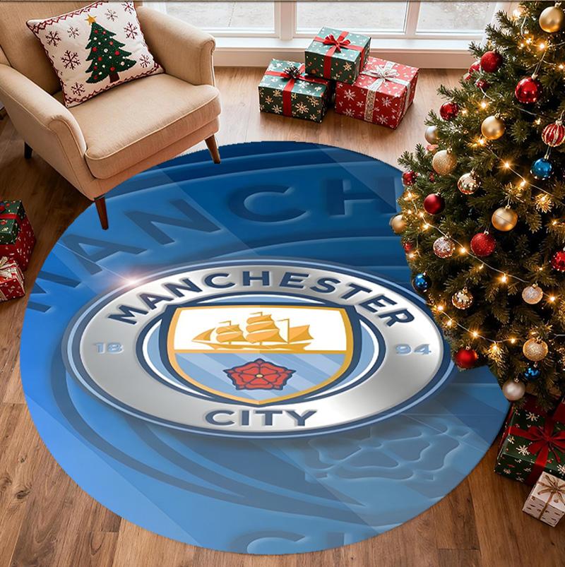 Manchester City FC Pattern Round Rug, Indoor/Outdoor Mat, for Picnic, Gameroom, Bedroom, Office, Living Room, Home Decor Carpet, Birthday Gift