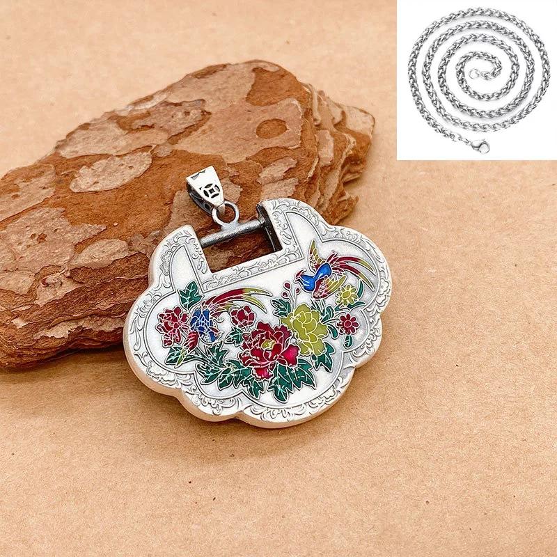 

Classic National Style Enamel Colored Pastoral Style Flower And Phoenix Ruyi Lock Pendant Necklace For Women Jewelry 45cm