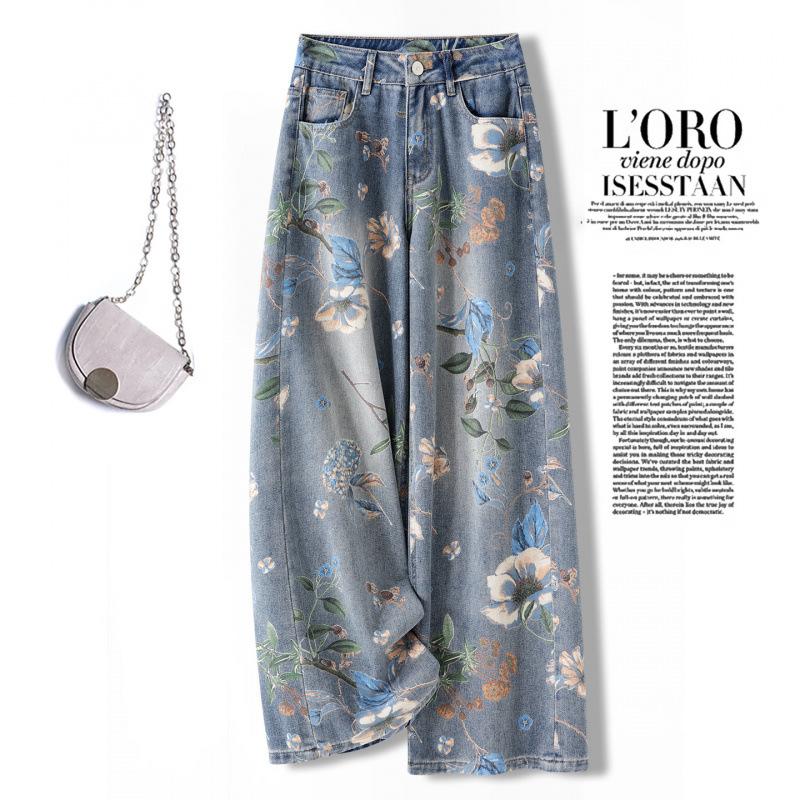 Retro printed wide legs summer high waist thin nine-point jeans women's fashion summer thin fashion age reduction