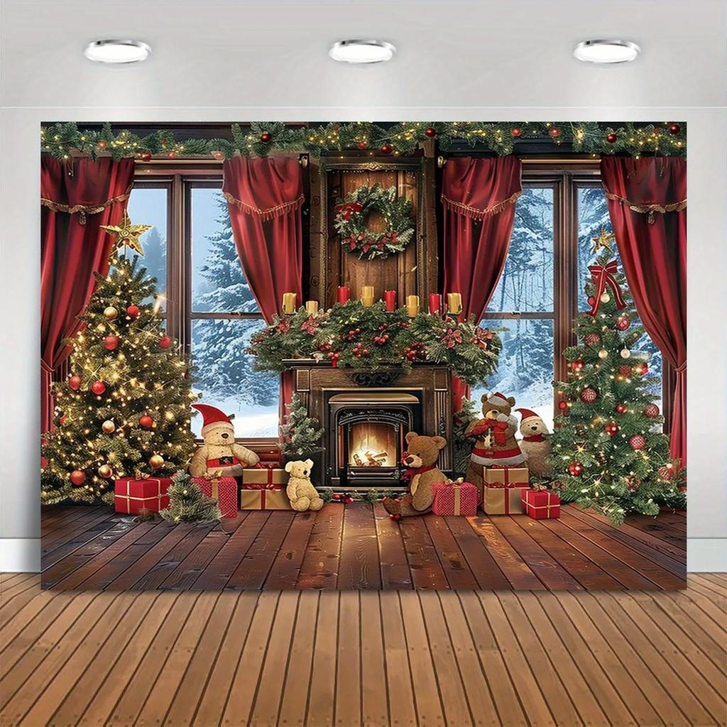 Weihnachtsfeier-Dekoration, Hintergrundtuch, Kamin, Weihnachtsbaum, Bär, Wandteppich, geeignet für die Dekoration des Zimmers