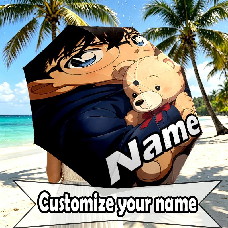 Custom Name Personalized Detective Conan Print Umbrella, Auto Open Close, 8‑Rib Sturdy Frame, Commute Camping Hiking Use, Birthday Gift