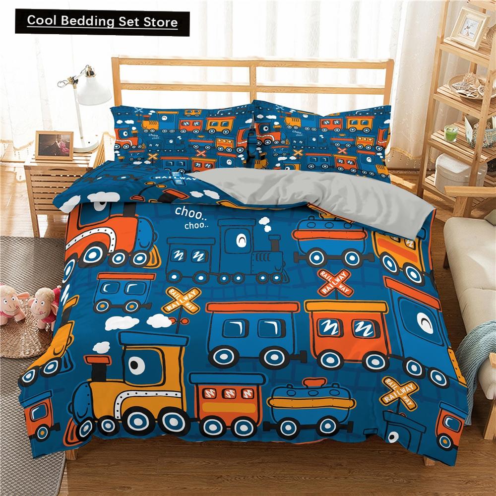 Kreslené Vlakové Ložní Sety 2/3ks Povlak na Peřinu Autíčko Náklaďák Měkký Povlak na Přikrývku Jednolůžko Queen King Size Polyesterový Povlak na Přikrývku