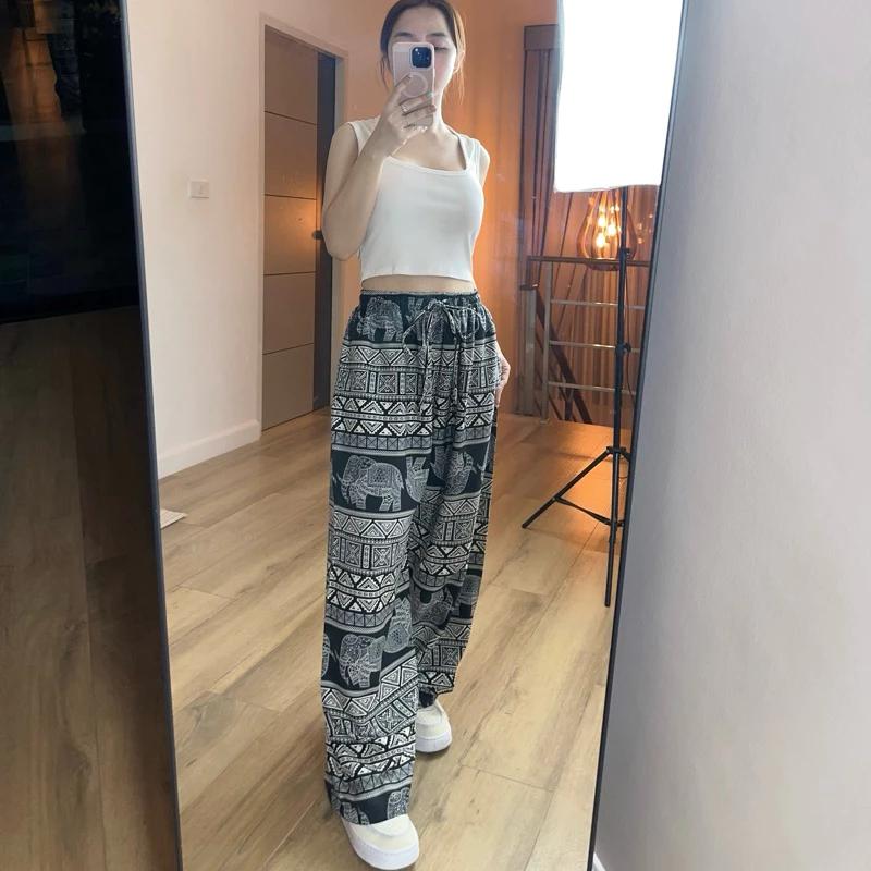 Elephant Pants Women Men Unisex Premium Japanese Silk Print Thailand Casual Streetwear Beach Bohemian Retro Vintage Adjustable Rope Loose Legs