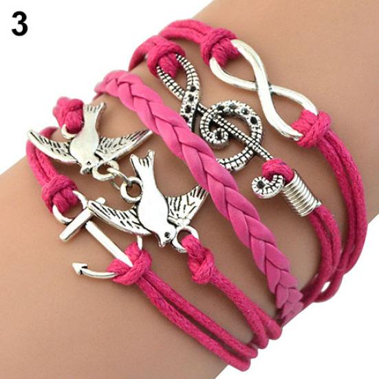 Women Retro Skull Music Pigeon Faux Leather Charm Bracelet Bangle Cuff