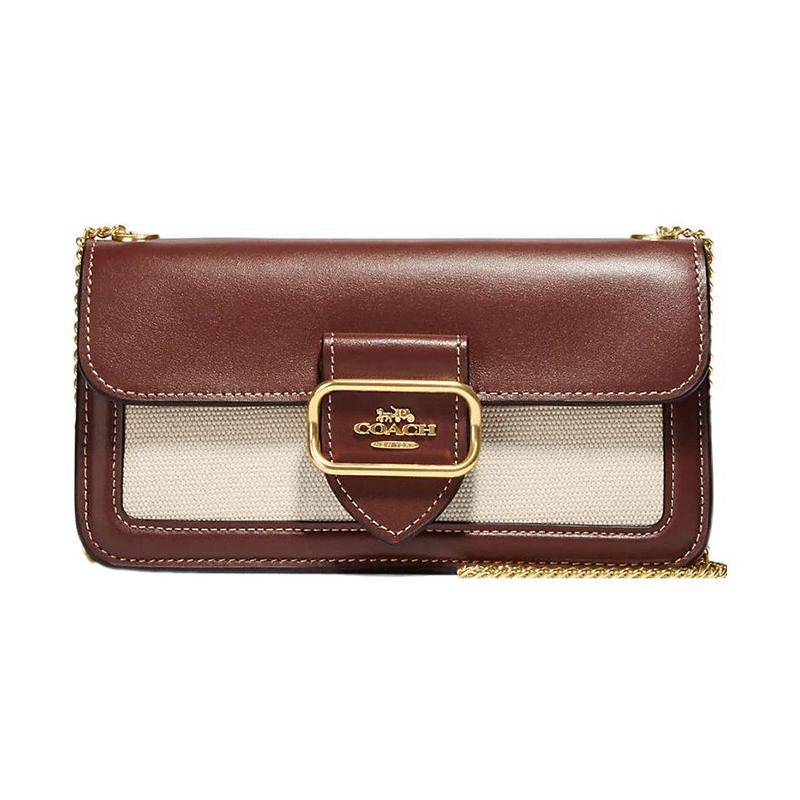 

COACH Morgan 20 Metal Logo Snap Canvas and Calf Leather Shoulder Crossbody Bag Large Women s Red and Beige золотой