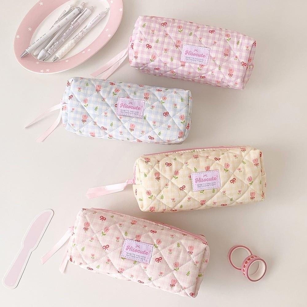 Bow Quilted Pencil Pouch Y2k Flower Pencil Case Desktop Storage Cloth Stationery Bag Student