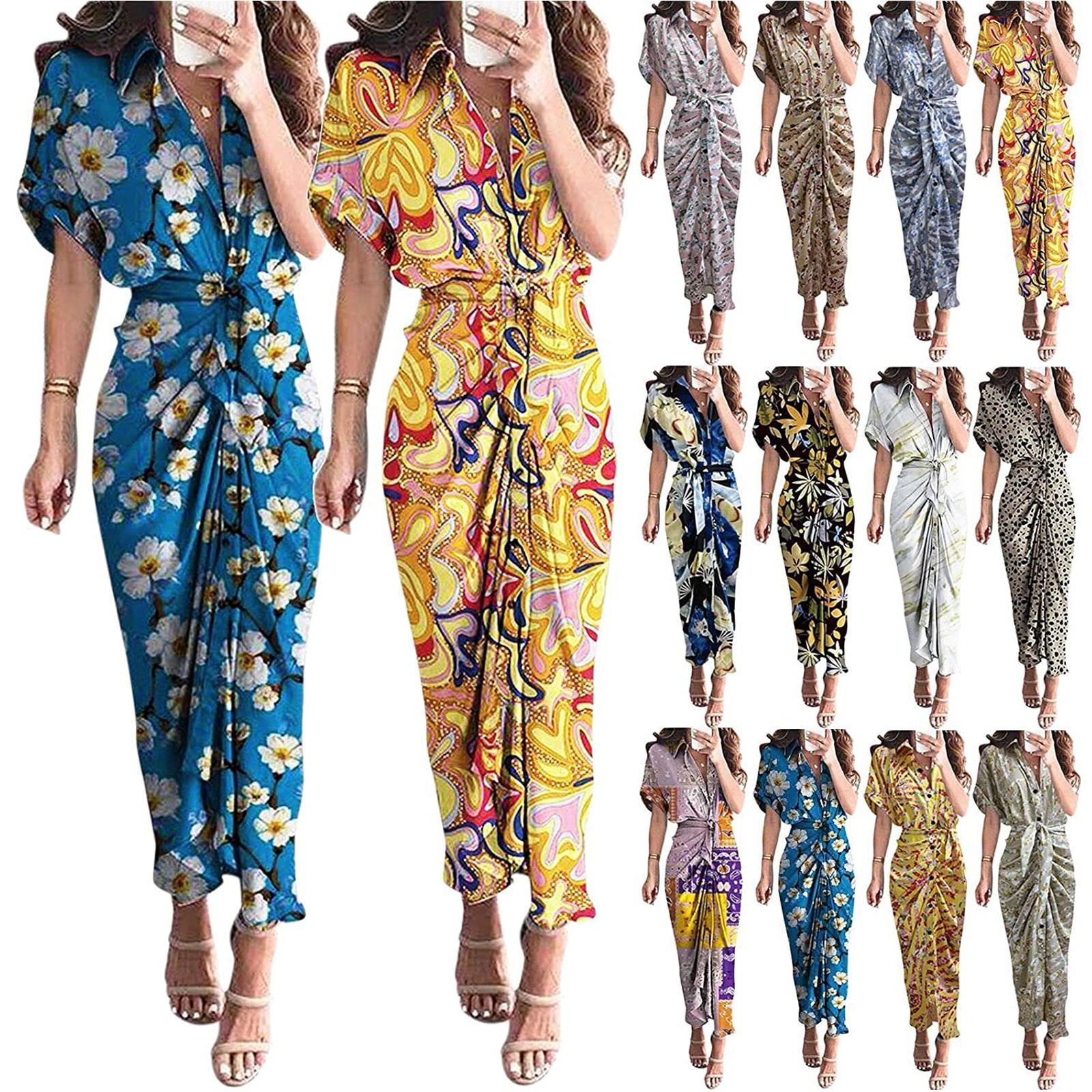 

Женская повседневная рубашка с воротником-стойкой и принтом на пуговицах, длинная юбка с короткими рукавами и поясом