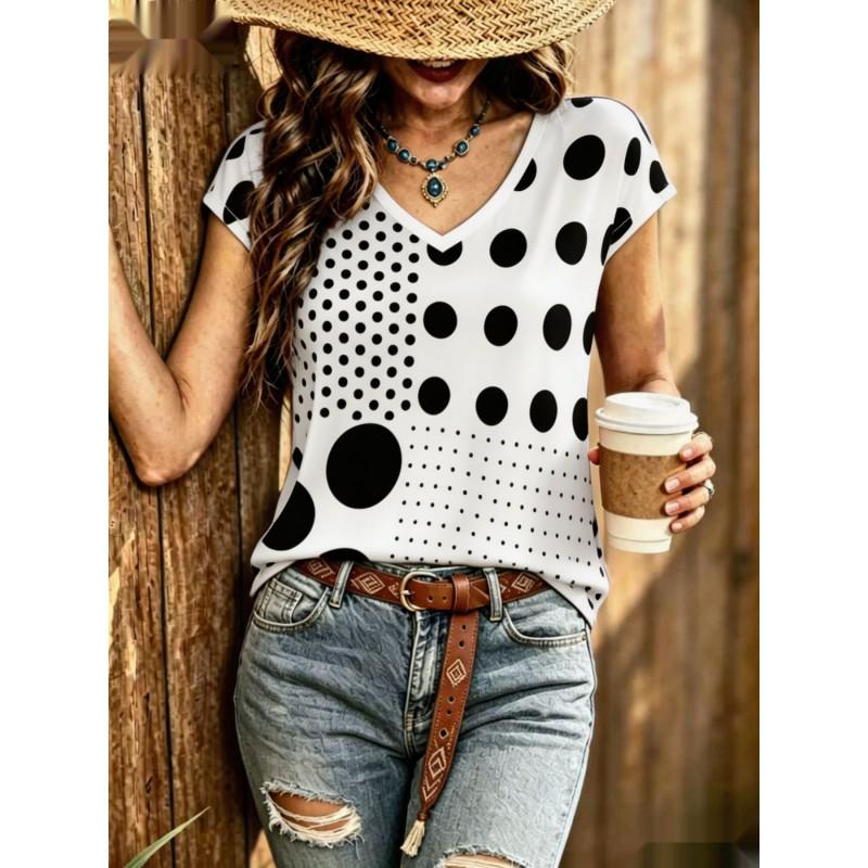 Womens V-Neck Short Sleeve Loose T-Shirt With Colorful Polka Dot Print Casual Oversized Top Daily Wear
