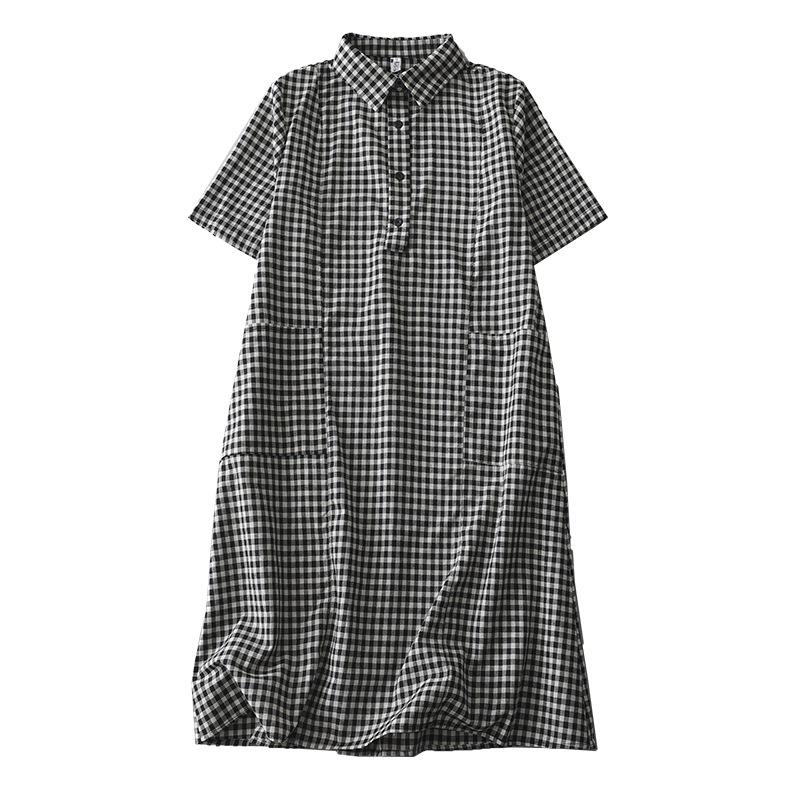 2025 summer new loose large size dress medium and long temperament casual cotton and linen plaid shirt skirt women
