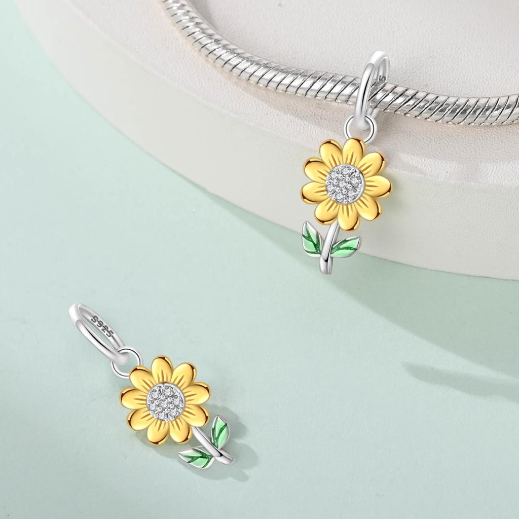 Authentic Original Copper Metal Charm Bead Components Luxury Yellow Sunflower Pendant Bead Component Plant Bead Components Compatible With Bracelet