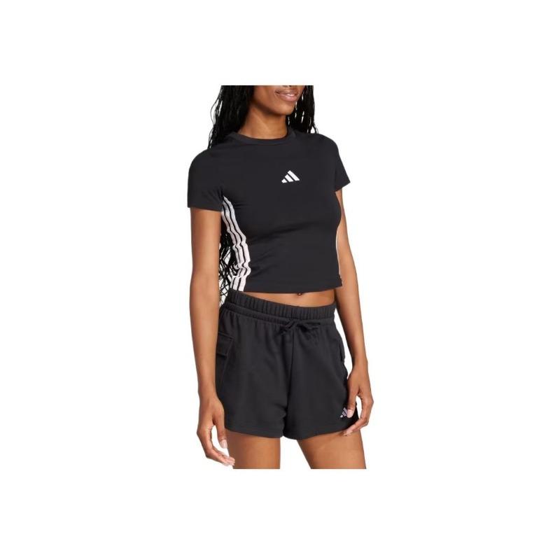 adidas Women's Black Slim Fit Crew Neck 3-Stripes Short Sleeve T-Shirt JC8325