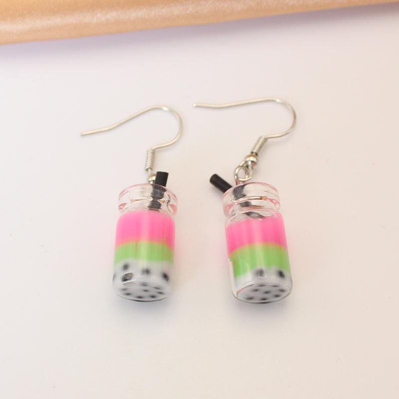 Creative Funny Three Layers Colored Bubble Milky Tea Pendant Earrings for Women Personality Drink Party Ear Zircon Girl Gift