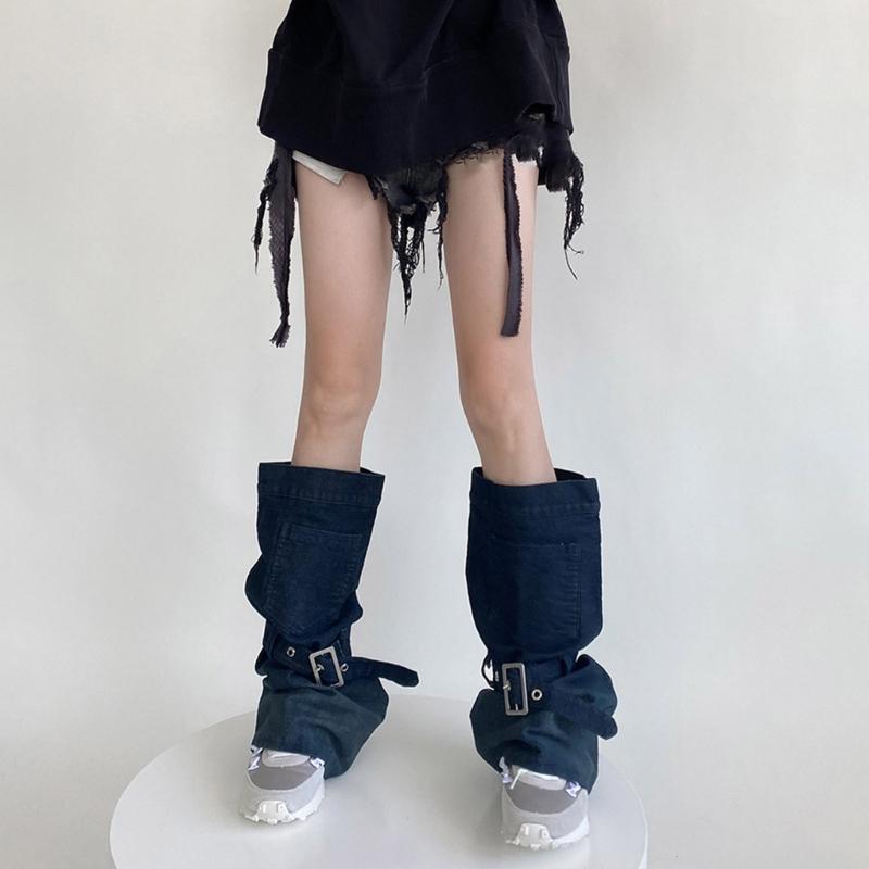 Harajuku Cargo Leg Warmers with Adjustable Buckle Strap Pocket for Women Punk Denims Baggy Foot Covers Footless Socks