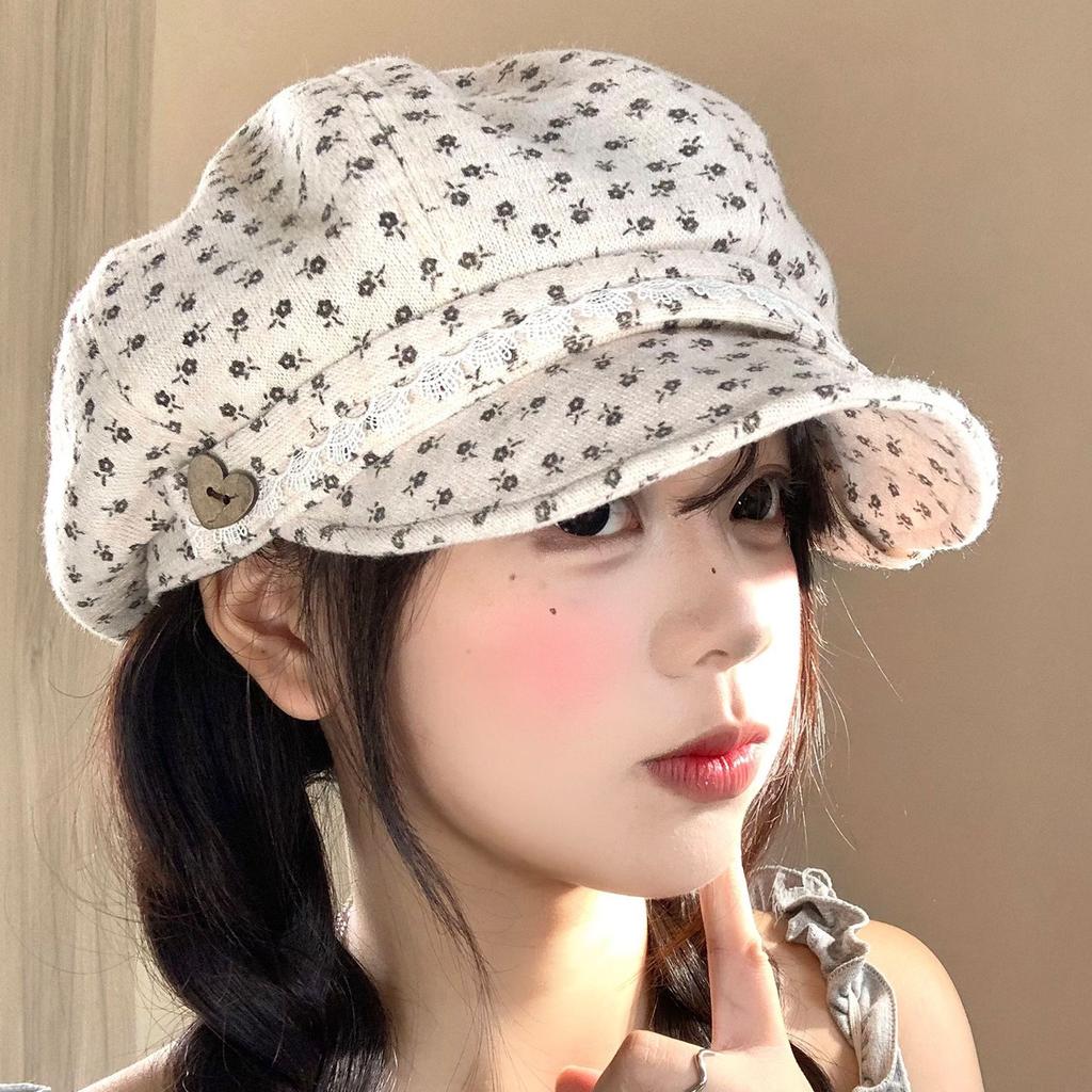 Japanese Literary And Retro Floral Beret Women'S Early Autumn Sweet Casual Versatile Face Small Octagonal Hat