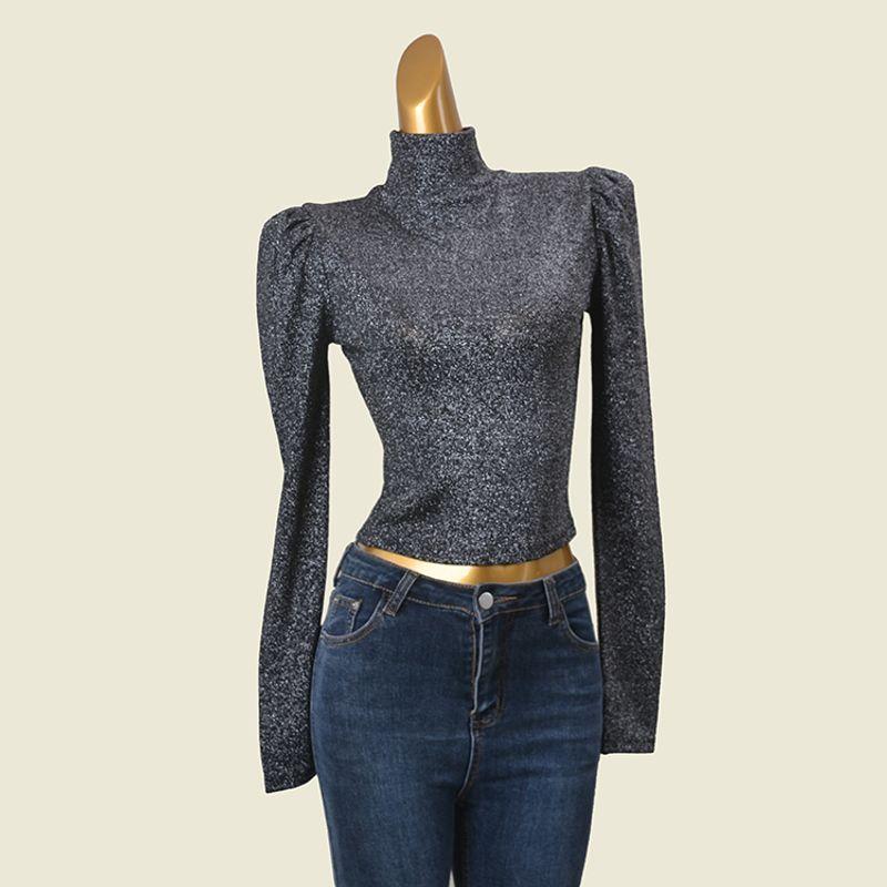 Foreign Trade Original Order Silver Silk Long Sleeves Bottoming Shirt Fashion Puff Sleeve Sexy Open Back Slim Fit Pullover Tops