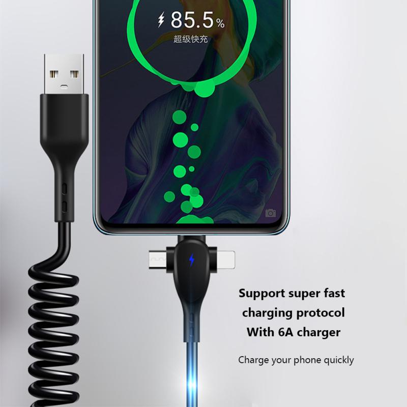 3 In 1 Retractable Usb Cable 6a 66w Fast Charging T-type Spring Data Cable Compatible For Ios
