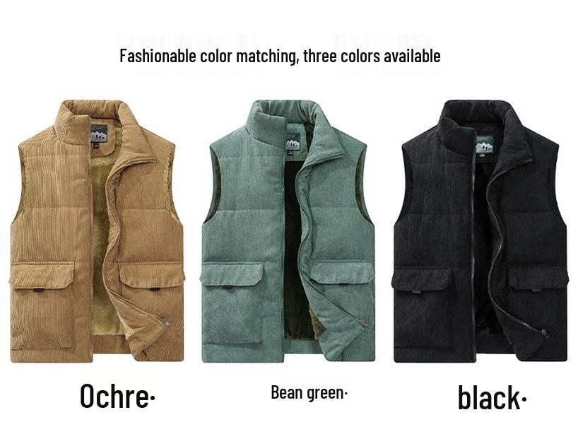 Men's Corduroy Fleece-Lined Multi-Pocket Cotton Vest - Casual, Sleeveless, Outdoor, Cold-Proof.