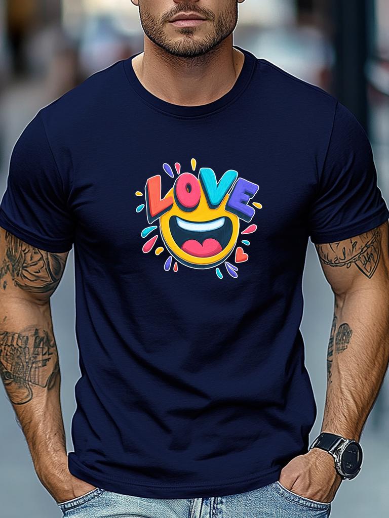 Mens Summer Love TShirt Love Emoji Colorful Print Short Sleeve Round Neck Breathable Oversized Sweet Daily Wear