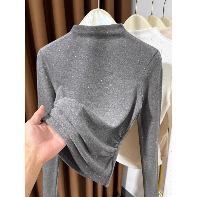 Ribbed Plush Sequined Half-High Collar Long Sleeve Top for Women – Autumn/Winter Stylish Inner Layer