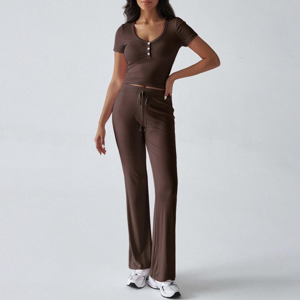 Women's Set Two Piece Short Sleeve Cropped Tops Matching Flare Pants Sets Casual
