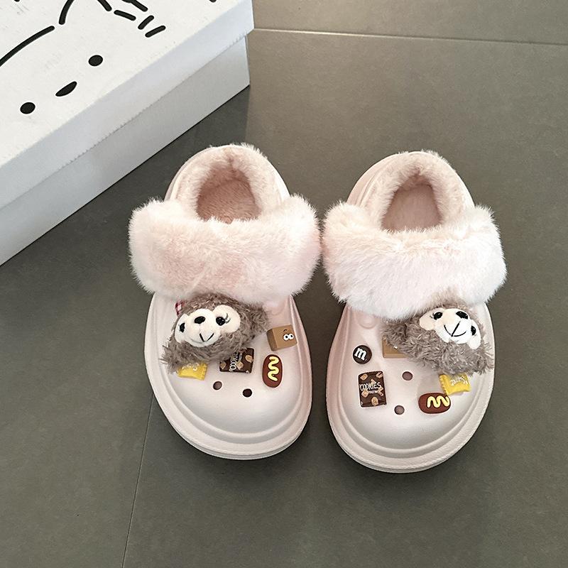 Shirley Mei Casual Hairy Two Wearing Hole Shoes Women's 2025 Autumn and Winter Cute Cartoon Thick-soled Baotou Slippers Cotton Slippers