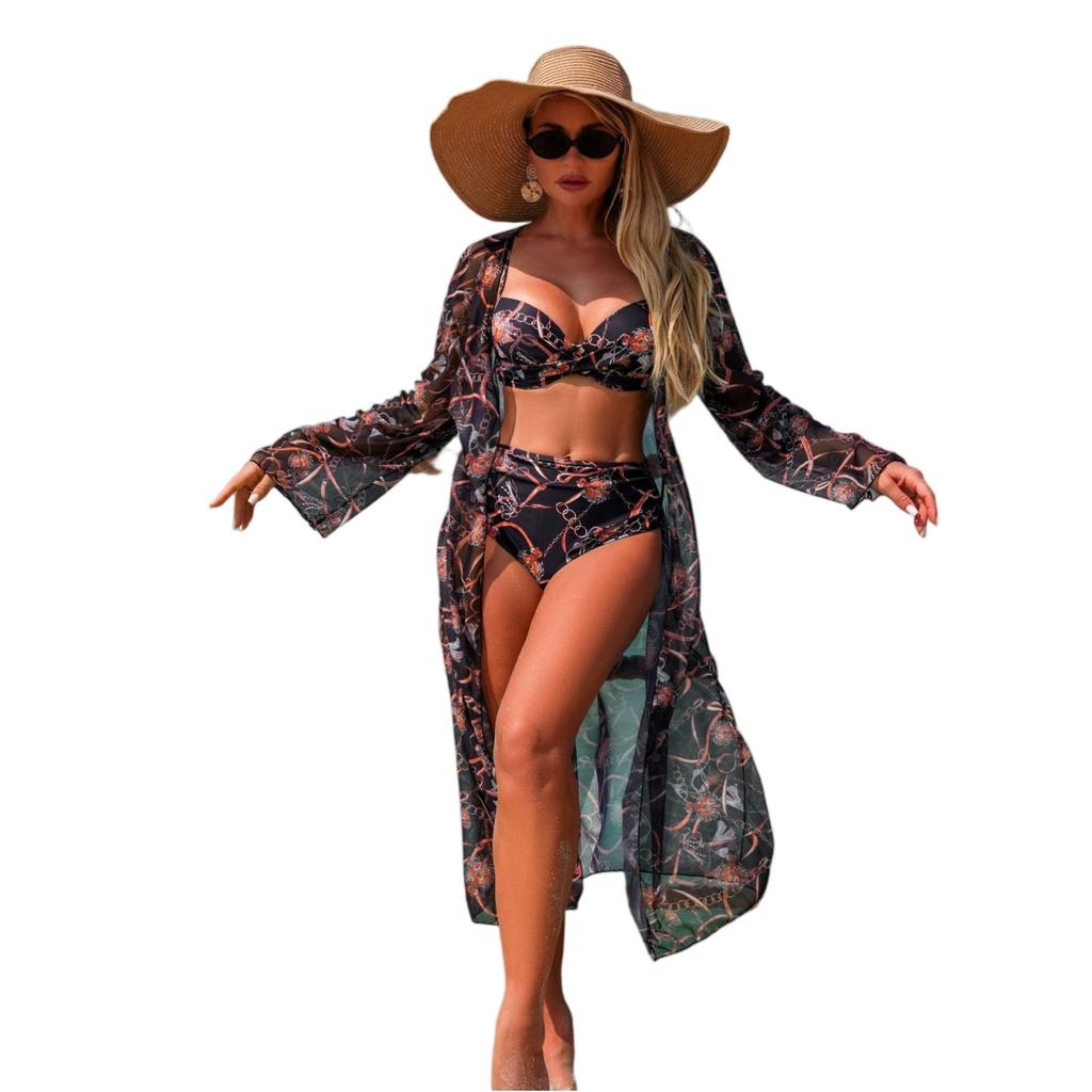 Fashionable Women's Sexy Multi-Color Printed Mesh Cover-Up Three-Piece Bikini Set