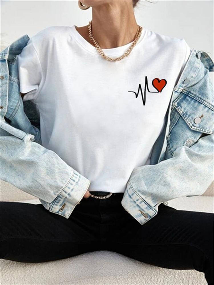 Love Heart Print Women T Shirt Summer Funny Short Sleeves O Neck  Tops Tee Female 90s Casual Fashion Clothing