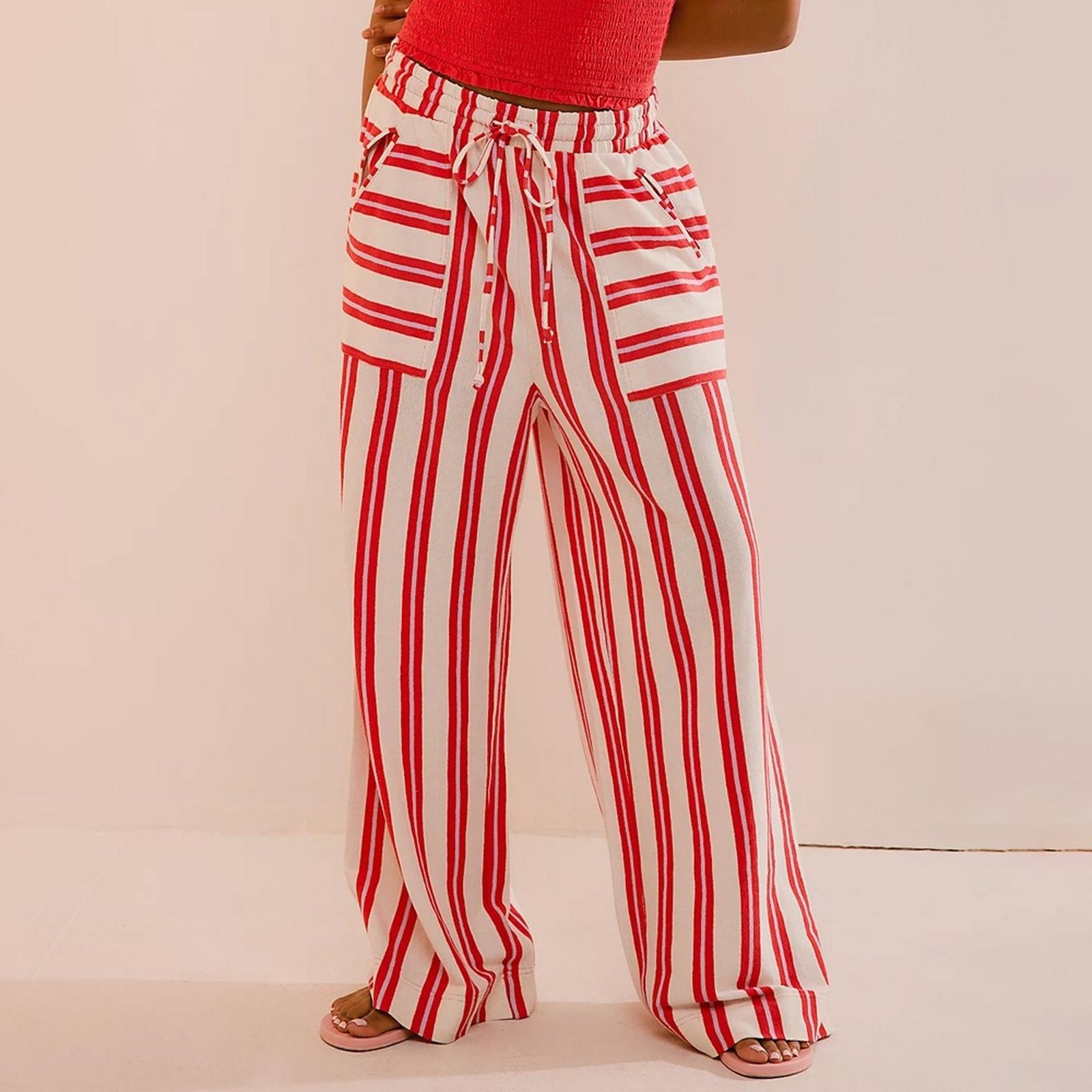 

Women High Waist Striped Wide Leg Pants Drawstring Loose Fit Trousers with Large Pockets Beach Casual Straight Leg Long Pants XL червоний