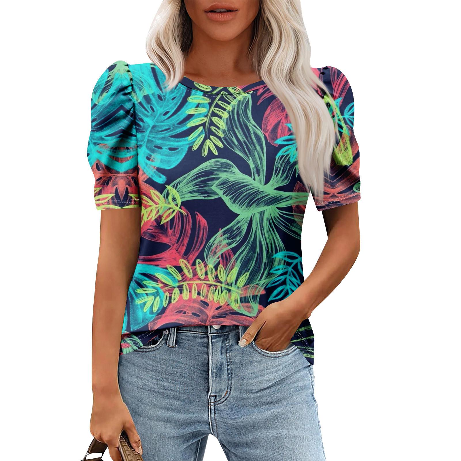 

Женские повседневные топы с коротким рукавом и круглым вырезом с принтом, туники, рубашки, летняя одежда L циан