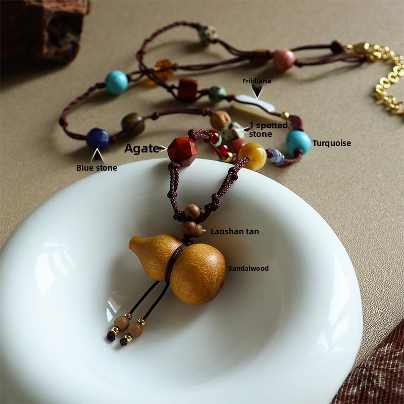 Woven Sweater Necklace for Women, Exquisite Sandalwood Gourd Turquoise Pendant Design Niche High End Autumn Winter Accessories