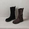 Krazing Pot Cow Suede Round Toe Thick Heels Motorcycle Boots Size 42 Back Zip Women Keep Warm Metal Button Mid-calf Boots