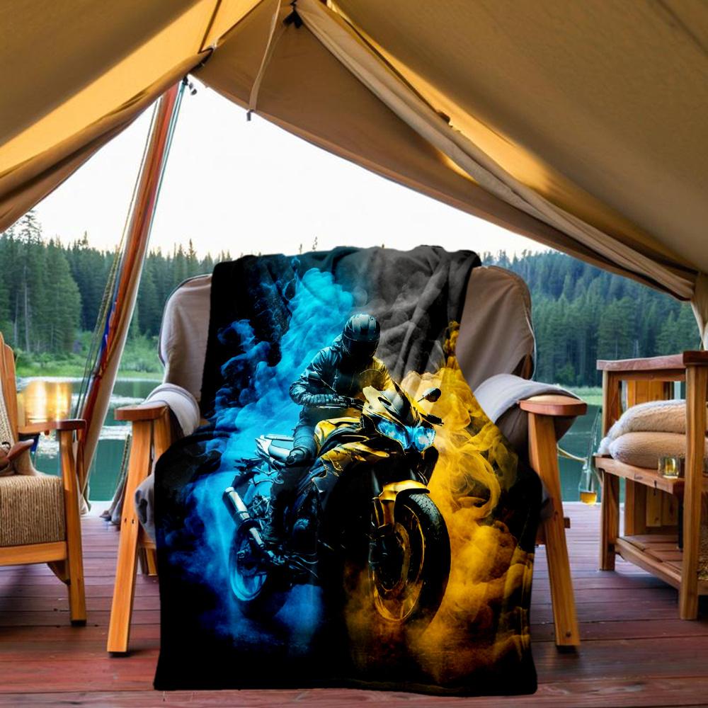 1pc Motorcycle Rider Flannel Blanket, Comfortable and Warm Blanket, for Camping Sofa Bed and Couch Office035