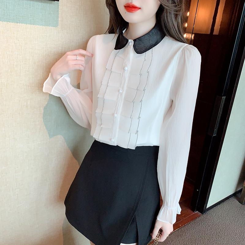 New 2024 Fashion Autumn Long Sleeve Doll Collar Casual Apricot Chiffon Blouse Shirt Women Tops Blouses Shirts J504