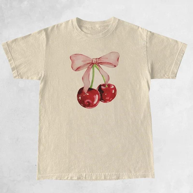 Kirschschleifen-Print Damen Vintage T-Shirt Trendy Süßes Coquette T-Shirt Kurzarm Cottagecore Ästhetische Tops Damenkleidung