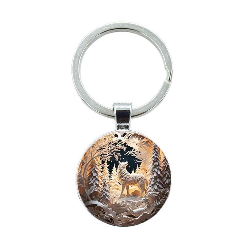 Round Alloy Keychain Pendant with Forest Animal Pattern Metal Key Ring for Bags Backpacks and Keys Accessories