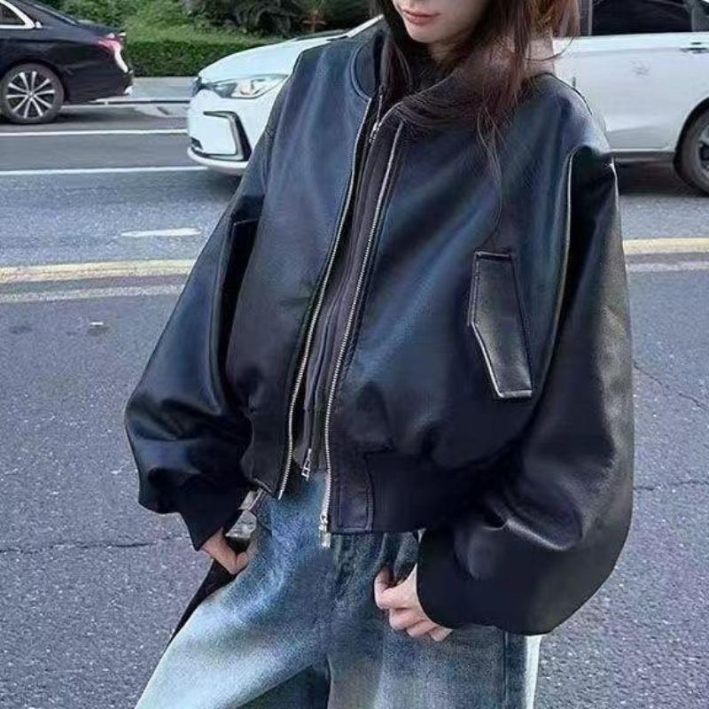 Women S Black Short Long Sleeve Baseball Faux Leather Jacket