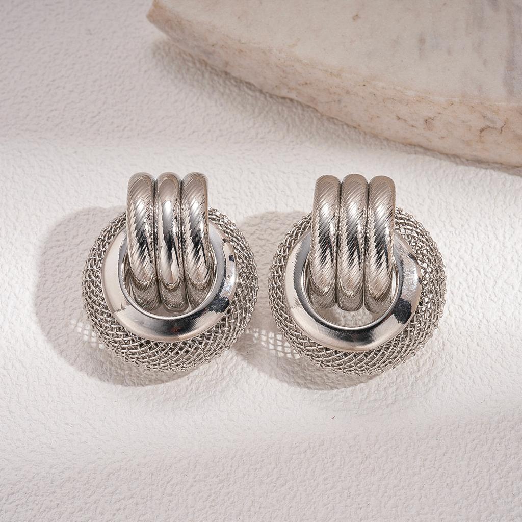 Metallic Multi-layer Hollow Round Mesh Silver Needle Earrings Personality Temperament Fashion Geometric Earrings