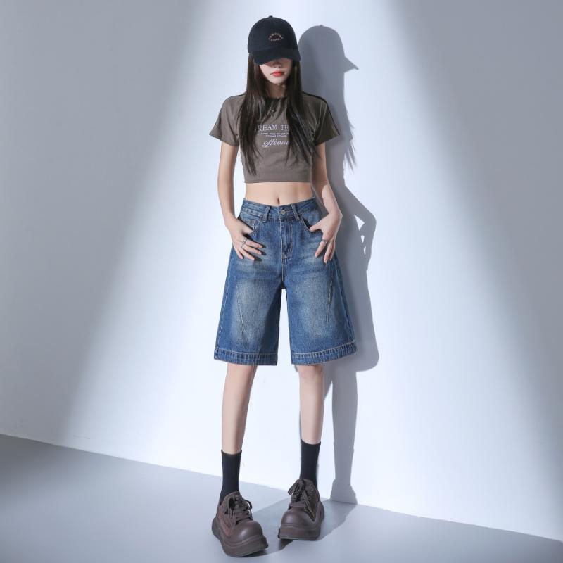 High Waist Black Retro Washed Denim Shorts Women'S Harajuku Vintage Fashion Casual Loose Y2K Streetwear Mid Long  Wide Leg Pants