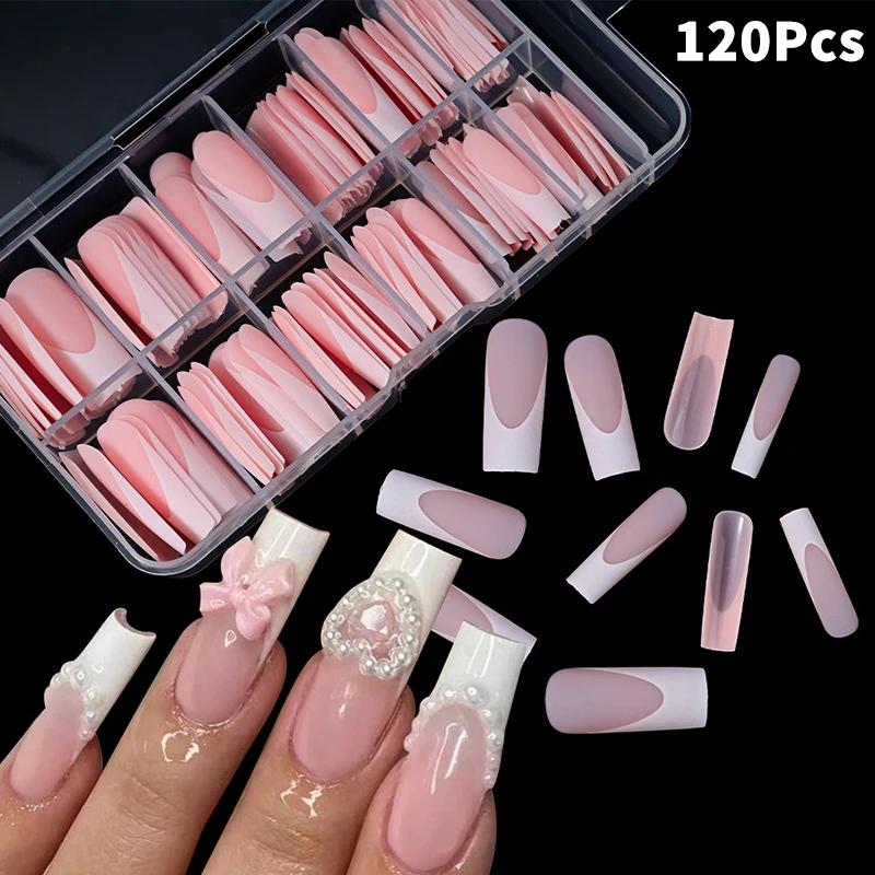 120pcs/box Nude Pink Matte French Press On Nails 12sizes Extra Long Square Full Cover Soft Gel False Nail Tips Nail Extension