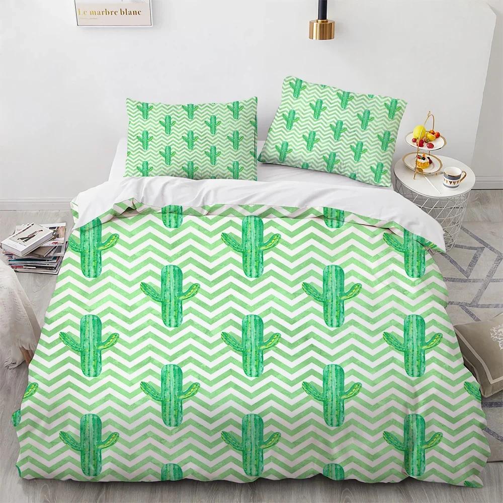 Cactus Beding Soft with Soft Fabric Duvet Cover Sumer Gren Plant Bed Linen Set Nature Soft Duvet Cover Set Bright Dorm Beding Set (Quen