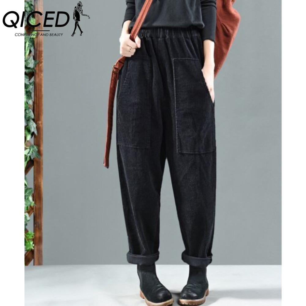 

QICED 3-цветные вельветовые брюки-бананы с эластичным поясом для весенне-осеннего периода XL чёрный