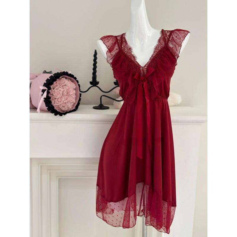 Pure Desire Style Satin Slip Nightdress Sexy Backless Lace Bow Polka Dot Lingerie Women