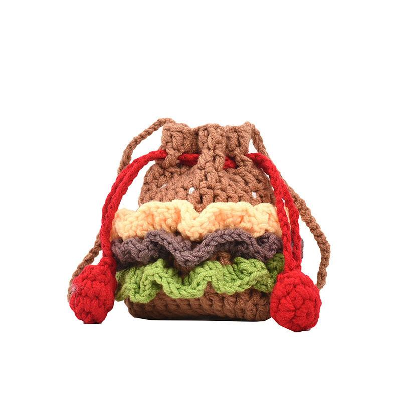 Adorable Creative Hamburger Drawstring Bag Fashionable Cute Woven Bucket Bag For Kids Small