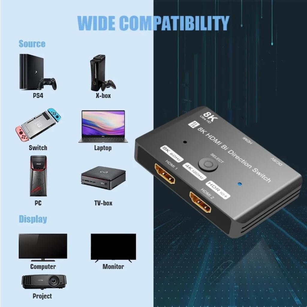 8K HDMI 2.1 Switch Splitter, 2 In 1 Out Bi-Directional Switcher Supported 4K@120Hz 8K@60Hz Aluminum HDMI Switch for PS5 Xbox